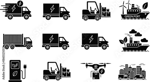 Green logistics and electric delivery transportation icons set featuring eco trucks forklift drone cargo ship charging station sustainable transport vector illustration