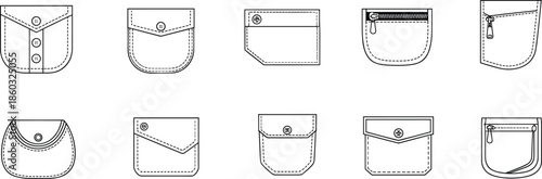 Minimal line icon set of leather wallet pockets and pouches, technical outline illustration, sewing pattern style, fashion accessory design collection