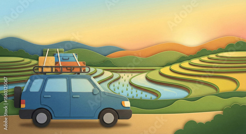 vector papercut of the atmosphere of a car going home in the countryside