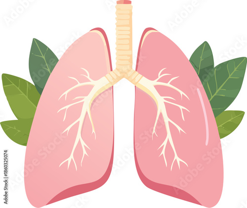 Healthy pink human lungs with green leaves representing respiratory health and fresh air. Generative AI