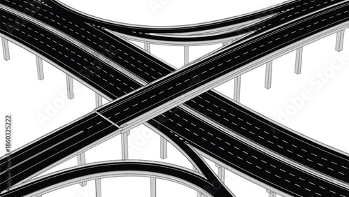 Highway interchange overpass illustration showing multi level roads bridges and flyovers with lanes perspective urban transportation infrastructure black white vector design