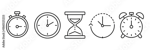 Timers and Clock Icon Set Vector. Time Line Symbols, Including Clock, Stopwatch, and Hourglass for Scheduling and Productivity