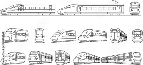 High speed train outline illustration set showing modern electric railway locomotives multiple angles side front perspective views isolated black white vector transportation design