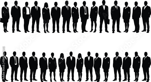 Business team silhouettes, black and white, formal attire, standing posture, briefcase gesture, corporate group, professional stance, office diversity, workplace icon, leadership formation