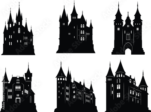 Castle silhouette collection, medieval fortress icons, fantasy architecture design, black castle shapes, historical building vector, gothic towers, fairytale castle clipart, isolated castle graphics