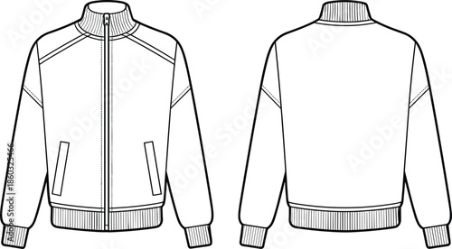 Vector zip up jacket front and back view fashion technical drawing apparel template isolated outline illustration clothing mockup design