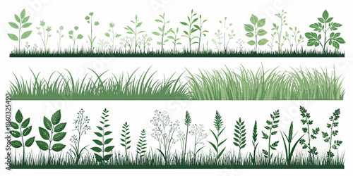 Variety of green plants and grass in different styles and shades
