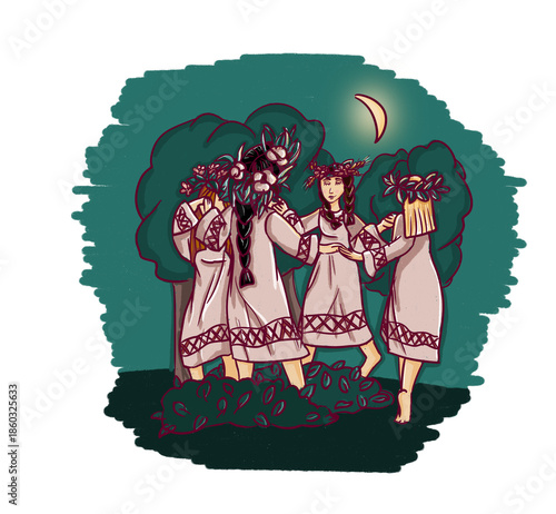 Girls in traditional dresses holding flower wreaths during Ivan Kupala night, midsummer folklore illustration.
