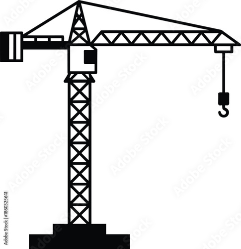 Construction crane silhouette, tower crane, lifting hook, black and white, industrial equipment, building machinery, engineering structure, heavy duty, construction site, architectural