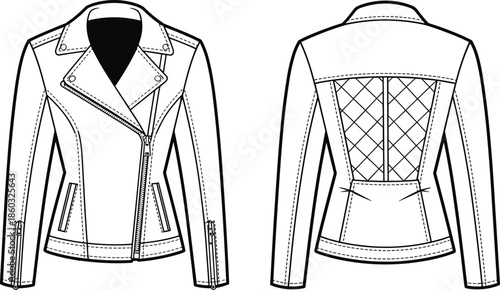 Women biker jacket technical fashion drawing, front and back view, asymmetric zipper, quilted back panel, fitted leather outerwear illustration