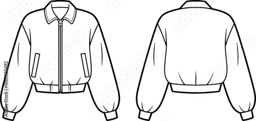 Women bomber jacket technical fashion drawing, front and back view, zip up design, ribbed cuffs, casual outerwear outline illustration