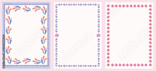 Floral Decorative Frame Templates. Pretty Spring Border Designs in soft pastel layouts. For invitations, greeting cards, posters, note pads, certificates, planners, and printable designs.