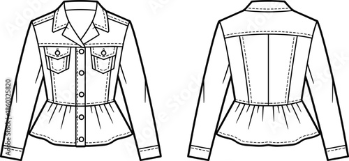 Women peplum jacket technical fashion drawing, front and back view, button up design, fitted waist, detailed outerwear outline illustration