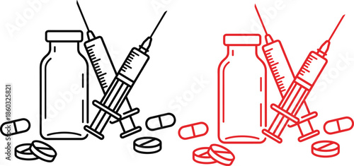 Medical syringe vial and pills icon set in black and red outline style, healthcare injection medical equipment illustration