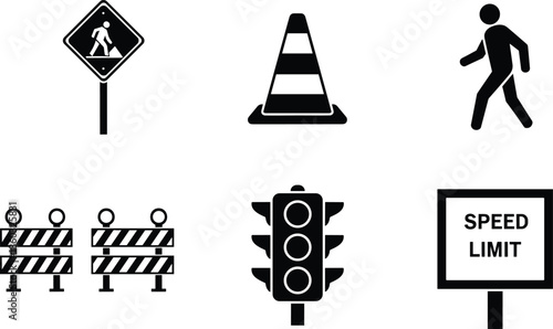 Road safety traffic icons set including pedestrian sign cone barrier traffic light and speed limit symbol isolated black white vector illustration