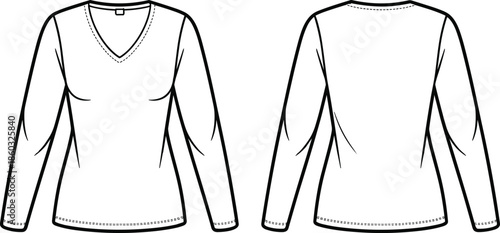 Women long sleeve V neck top technical fashion drawing, front and back view, fitted basic shirt, minimalist apparel outline illustration