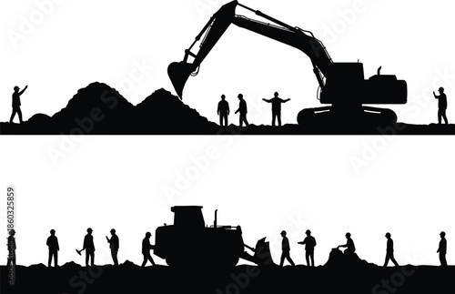 Construction site silhouette, excavator and bulldozer scene, teamwork illustration, labor force graphic, heavy machinery operation, dirt pile activity, industrial work concept, black shadow design
