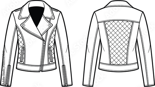 Women quilted biker jacket technical fashion drawing, front and back view, asymmetric zipper, detailed motorcycle outerwear, fitted leather style 