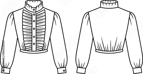 Women ruffle high neck blouse technical fashion drawing, front and back view, pleated bodice, long sleeve vintage inspired top outline illustration