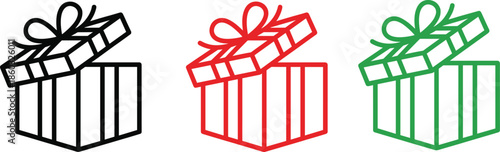 Minimalist gift box line icon set in black, red, and green, festive present illustration for holiday, birthday, and celebration design