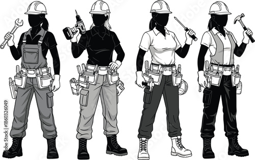 Construction worker illustration, handyman character, tool belt, hard hat, repair tools, grayscale design, industrial attire, power drill, wrench, hammer, screwdriver