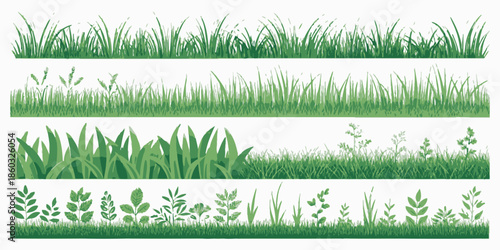 Vibrant green grass and leafy plant strips on white background