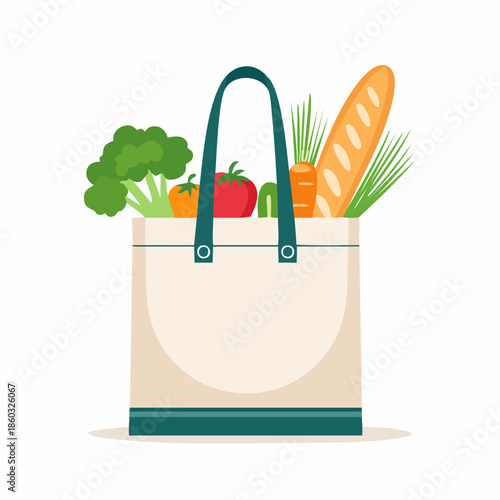 Canvas tote bag filled with fresh groceries and vegetables illustrating zero waste shopping lifestyle. Generative AI