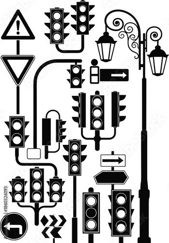 Traffic lights and road signs silhouette set featuring street lamps signals arrows warning symbols urban transportation elements isolated black vector illustration