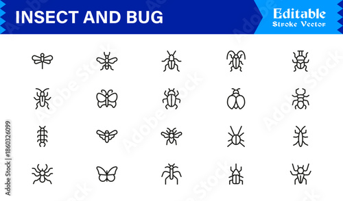 Bugs and Insects Line Icon Collection – Unique, Pixel-Perfect, and Editable Wildlife Illustrations