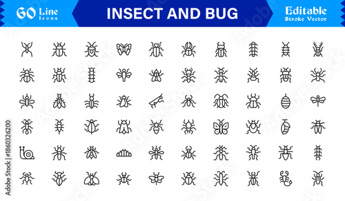 Bugs and Insects Line Icon Collection – Unique, Pixel-Perfect, and Editable Wildlife Illustrations