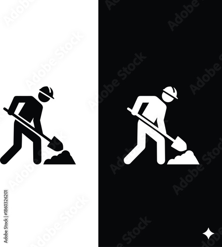 Construction worker pictogram, shovel action, black and white, labor icon, safety symbol, roadwork graphic, silhouette design, job site, manual task, industrial signage, worker pose