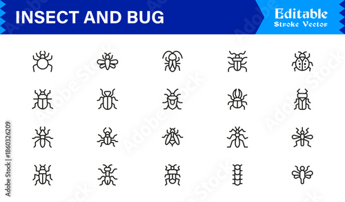 Bugs and Insects Line Icon Collection – Unique, Pixel-Perfect, and Editable Wildlife Illustrations
