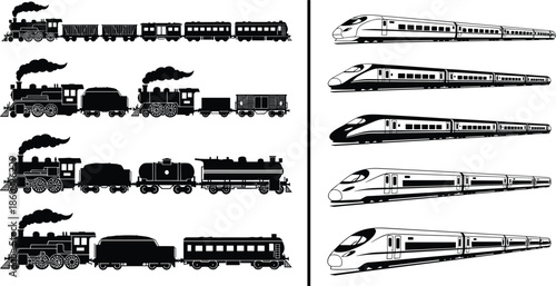 Train evolution illustration showing vintage steam locomotives and modern high speed trains side view comparison black white railway transportation history vector set
