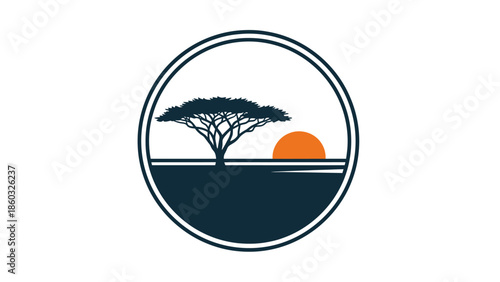 African Acacia Tree Silhouette at Sunset in Circle.