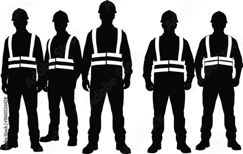 Construction worker silhouette, safety gear illustration, hard hat figure, reflective vest design, industrial team concept, workplace protection, black uniform pose, labor force graphic