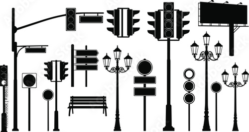 Urban street furniture and traffic elements silhouette set including street lamps traffic lights road signs benches billboards city infrastructure black vector illustration