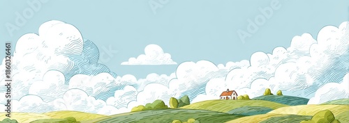 Green Hills Farm Landscape Illustration with Blue Sky and Clouds