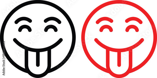 Playful tongue out smiley face icon set in black and red outline style, funny emoji expression symbol illustration