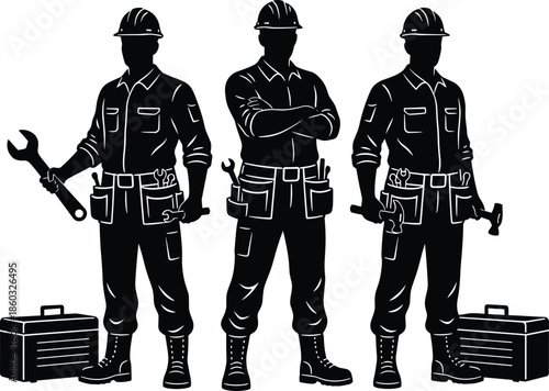 Construction worker silhouettes, handyman team, tool belt, hard hat, black and white, labor icons, industrial character, repair tools, teamwork pose, skilled trades, workshop gear
