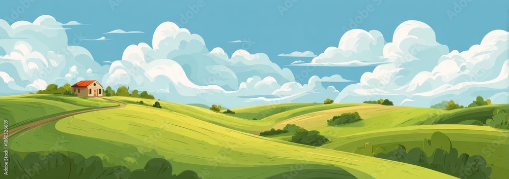 Obraz premium Green Hills Farm Landscape Illustration with Blue Sky and Clouds