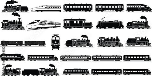 Vintage and modern train silhouettes collection featuring steam locomotives electric trains high speed rail passenger wagons transportation icons isolated black vector set illustration design