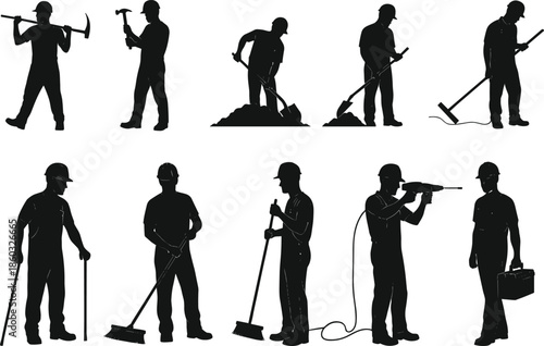 Construction worker silhouettes, manual labor tasks, tool usage, black outline, job site activity, digging and sweeping, industrial roles, work gear, shovel hammer broom drill