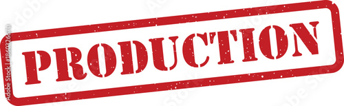 Red production stamp on white background