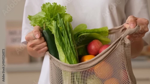 Eco Food Shopping, Ecoconscious Grocery Shopping With Fresh Produce In Reusable Patterned Mesh Container
