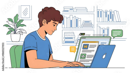 Young person learning online using a laptop in a cozy home library setting