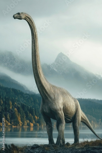 Nigersaurus roams a beautiful landscape of lakes and mountains in primeval forests