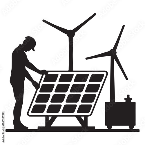  A technician working on solar panel with wind turbines for renewable energy generation