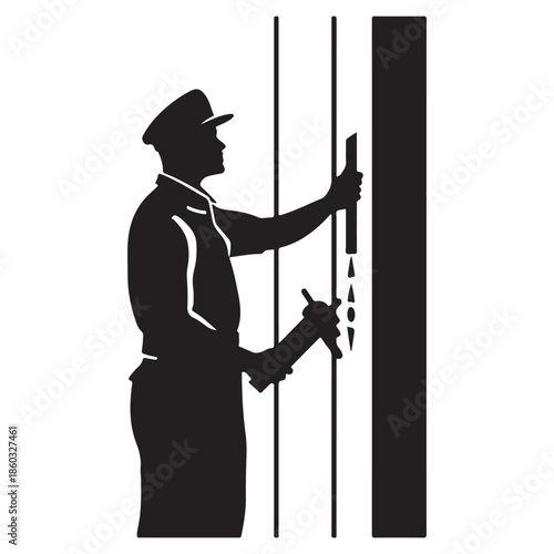 A black and white silhouette illustration of a maintenance worker applying sealant to a surface