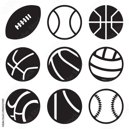  A collection of black and white icons for various sports balls, including basketball and football