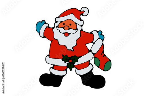 drawn Santa Claus holding a red and green sock isolated on white background